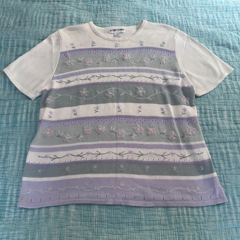 Alfred Dunner Short Sleeve Floral Embroidered Striped Knit Sweater XL